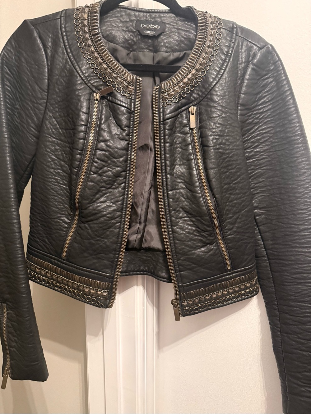 bebe Black Faux Leather Jacket with Gold Trim